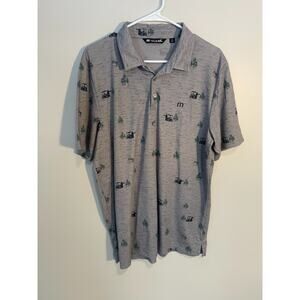 Travis Mathew Shirt Golf Polo Men's Size XL Gray Golf Carts Mountains Beer Print